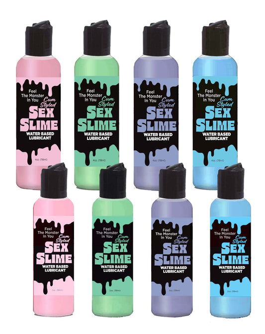 Set of eight bottles of Sex Slime water-based lubricant in pink, green, blue, and purple on a white background.