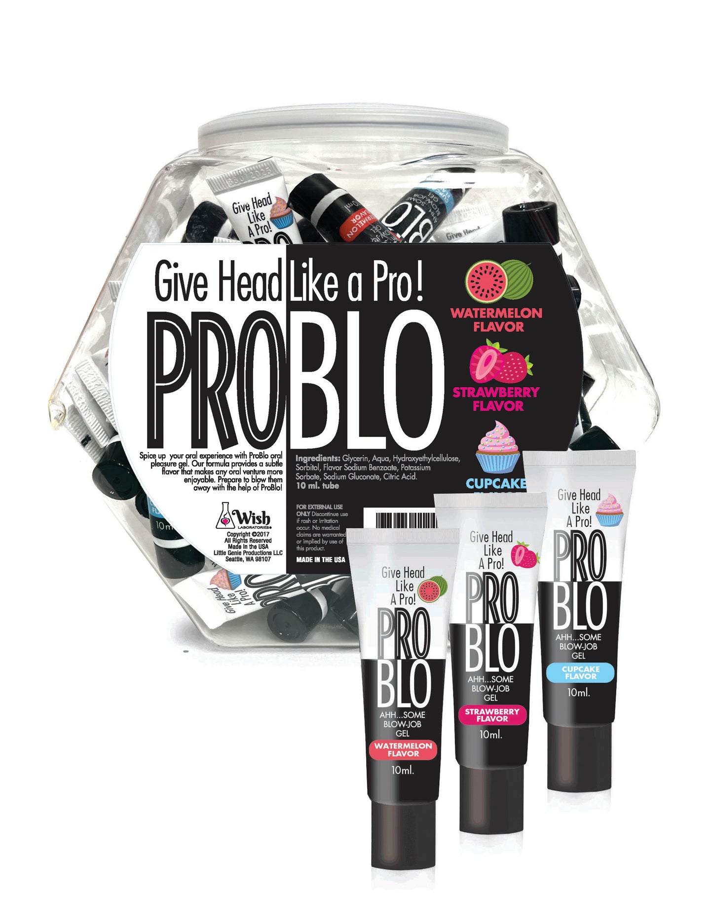 Pro Blo Oral Pleasure Gel POP Display of 66 10ML Tubes: 3 Flavors,🍉Watermelon,🍓 Strawberry & 🧁Cupcake
