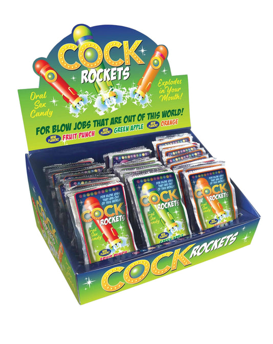 Cock Rockets Oral Sex Candy, POP Display of 36 Fruit Punch, Sour Apple & Orange