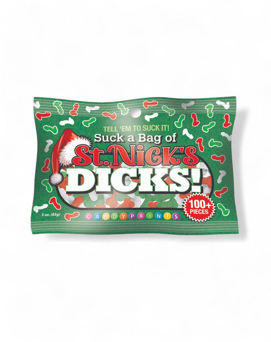 Suck a Bag of St. Nick’s Dicks Christmas candy in a green 3 oz bag