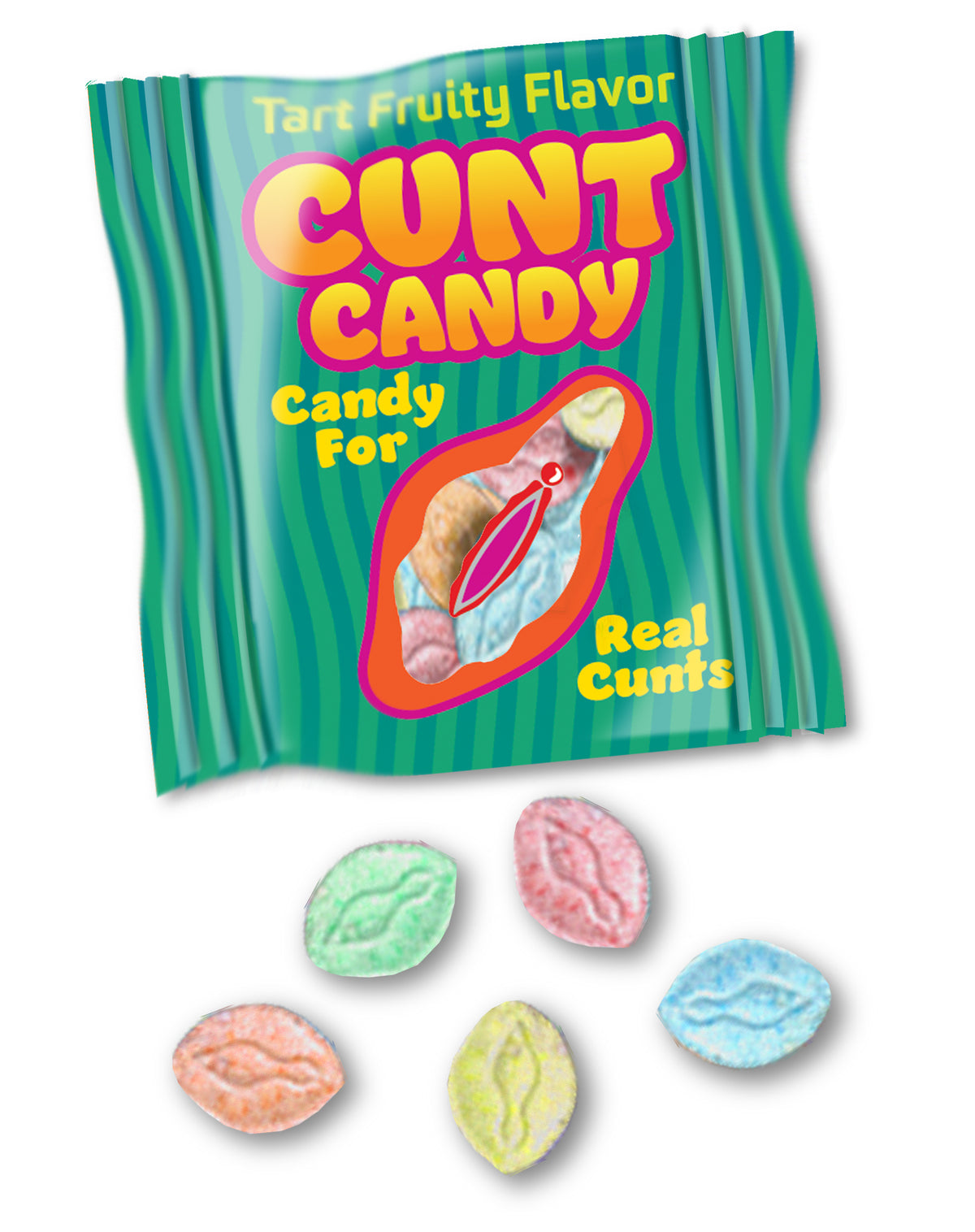 Cunt Candy packet with five tart vagina-shaped candies