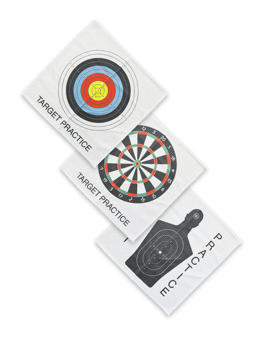 Three Cleanie Genie Target Practice cleanup cloths with bullseye designs