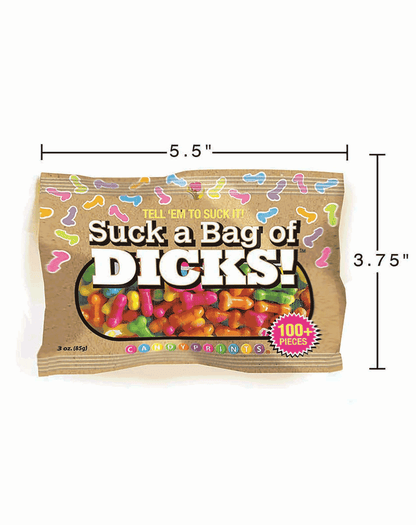 Suck a Bag of Dicks 3 oz candy bag with package measurements
