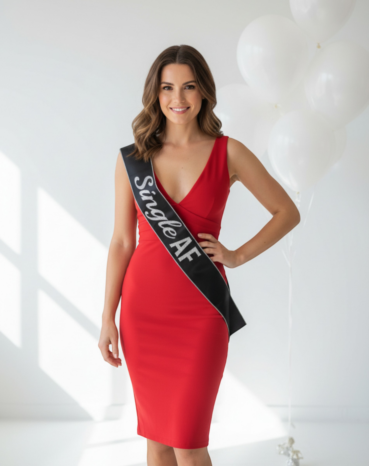 Little Genie Productions black party sash with silver glitter text "Single AF" for bachelorette or single events.