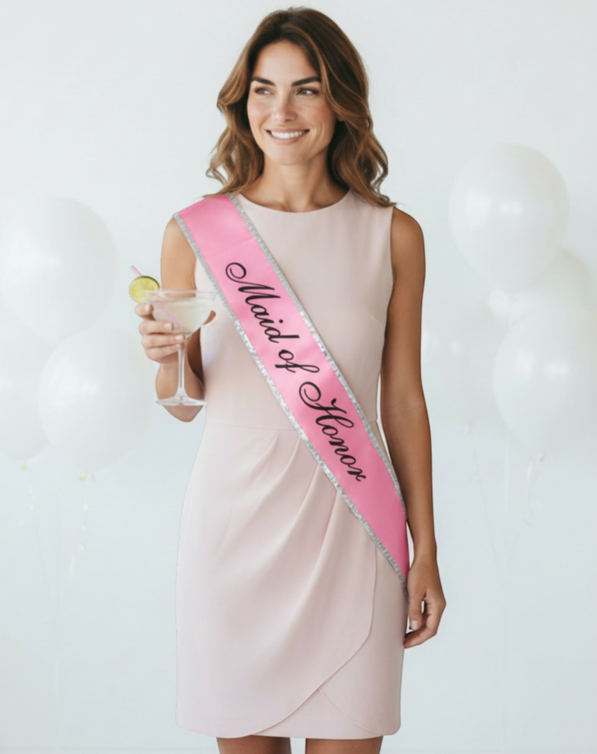 Littlegenie.com pink satin Maid of Honor sash with silver trim and script text, perfect for bachelorette parties.