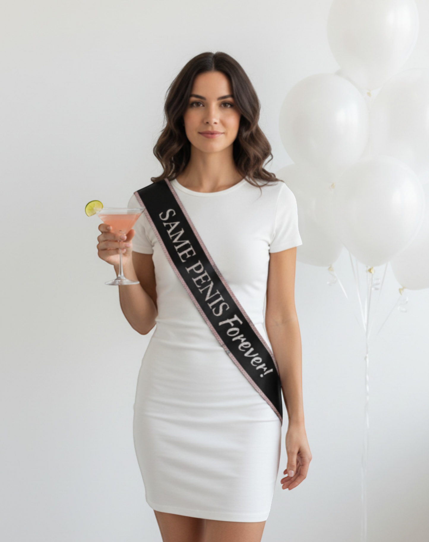 Littlegenie.com black glitter party sash with pink trim and "Same Penis Forever!" text for bachelorette or bridal parties.