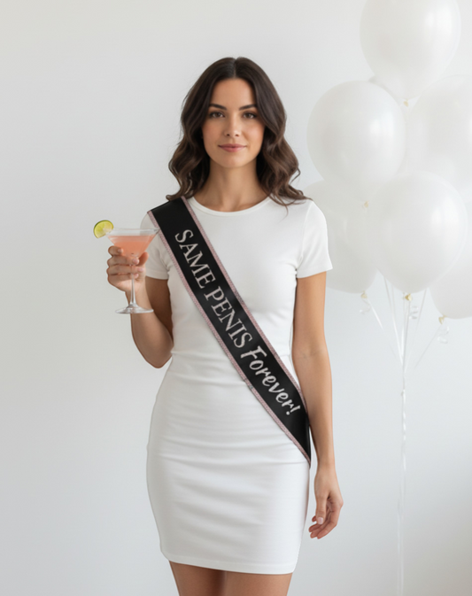 Littlegenie.com black glitter party sash with pink trim and "Same Penis Forever!" text for bachelorette or bridal parties.