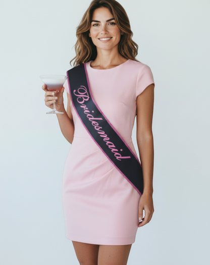 Littlegenie.com navy blue satin sash with pink glitter trim and