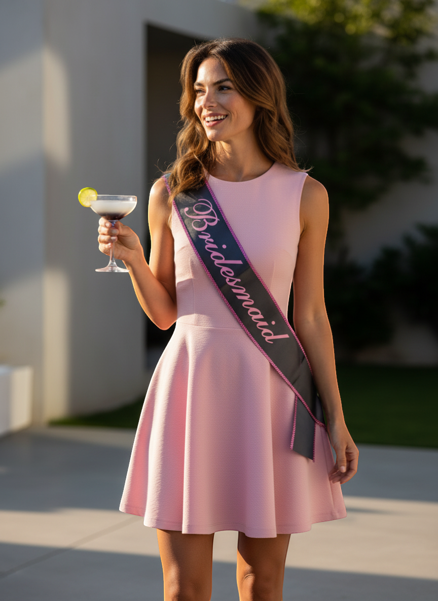 Littlegenie.com navy blue satin sash with pink glitter trim and